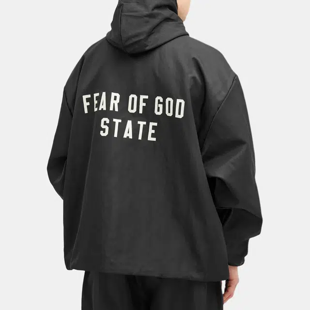 Fear of God Essentials Fall24 BACK TO SCHOOL Textured Nylon Hooded Coaches Jacket Logo BLACK