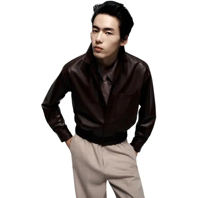 PEACEBIRD MEN Sharp Leather Jacket Brown