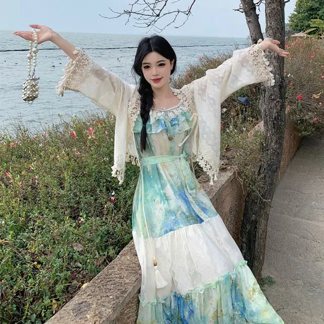 古莲菲 海边度假风女神范油画人生裙系带蝴蝶结贝壳设计感吊带长裙外搭两件套裙装套装 女款