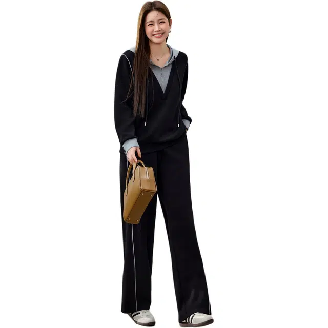 纤莉秀 时尚个性连帽长袖休闲套装 女款 黑色