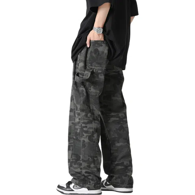 颂希尔 美式高街复古潮流迷彩秋季重磅潮牌宽松直筒做旧水洗伐木裤百搭休闲工装裤子牛仔裤 男女同款