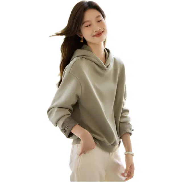 沫晗依美 连帽国风简约卫衣 女款 绿色