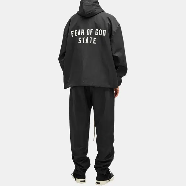 Fear of God Essentials Fall24 BACK TO SCHOOL Textured Nylon Hooded Coaches Jacket Logo BLACK