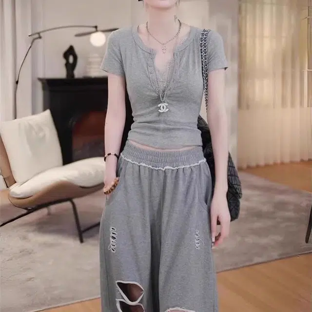 古莲菲 韩系修身拼接短袖破洞阔腿裤休闲套装 女款