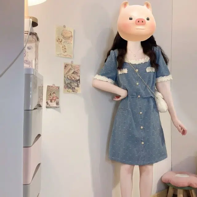 古莲菲 高级感韩系时尚花边拼接牛仔裙夏大码微胖宽松显瘦短袖连衣裙 女款