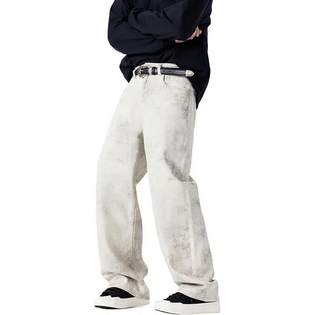 帝狼牛 美式潮牌扎染水洗直筒裤街头百搭潮流工装牛仔裤 男女同款