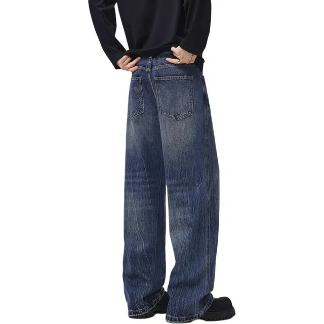 帝狼牛 高街做旧水洗闪电水波纹宽松直筒弹力垂感阔腿显瘦百搭牛仔裤 男女同款