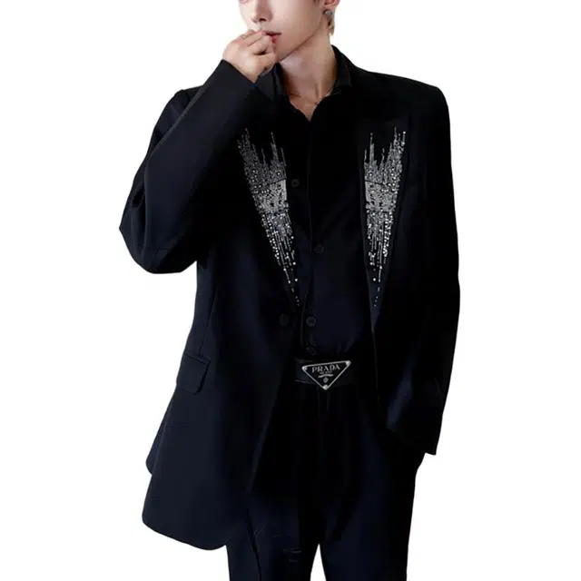 冈哉 美式手工绣珠西服创驳领垫肩休闲夹克外套春秋季纽扣宽松个性百搭舒适高街潮流通勤西装  男女同款