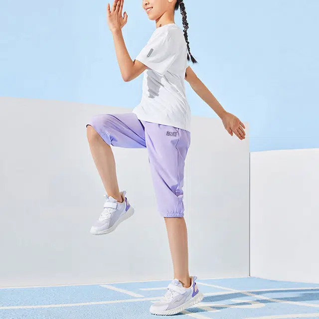 儿童款 鸿星尔克儿童 四面弹透气舒适休闲七分针织运动裤 浅粉紫