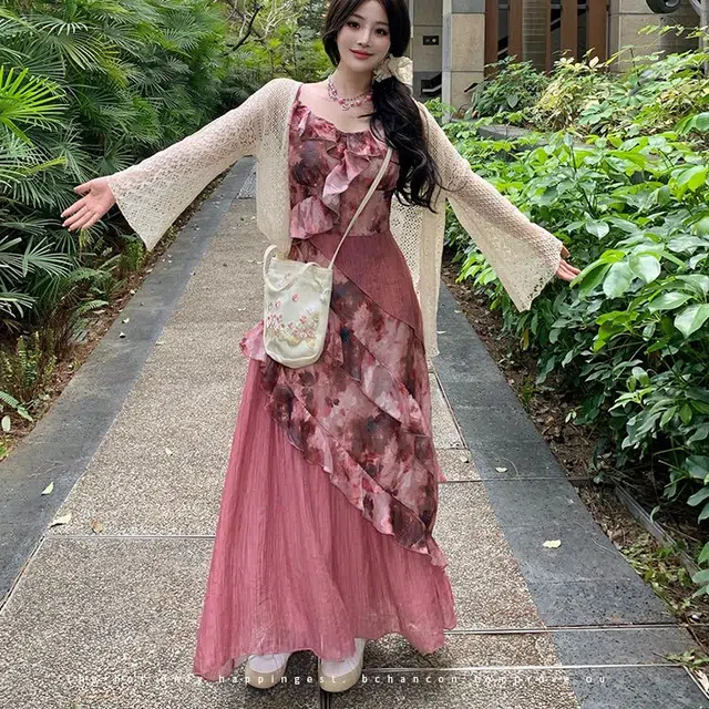 古莲菲 度假风吊带连衣裙碎花度假长裙裙装套装 女款