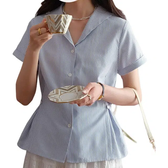 水中花 暗纹肌理法式海军领白色夏装绝美小上衣短袖衬衫 女款