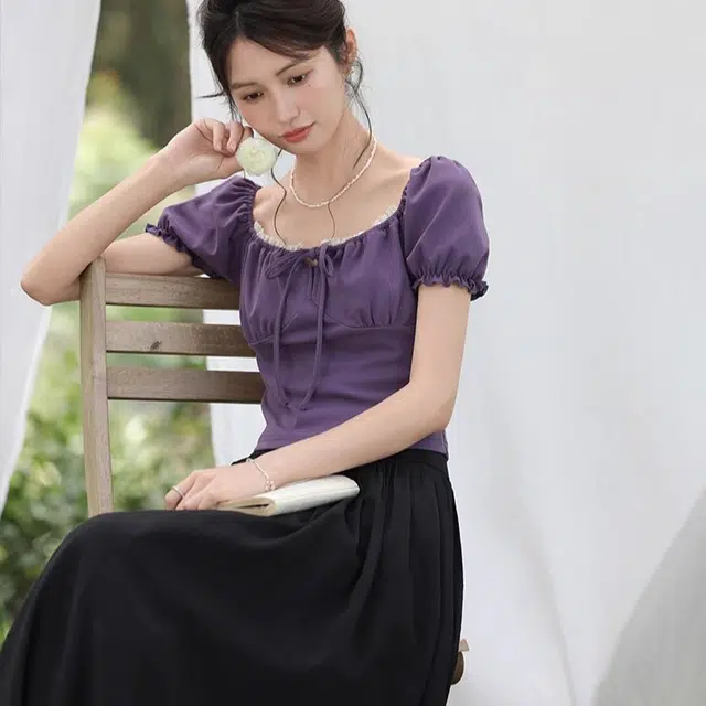 鹿向南 淡紫法式气质方领拼色常规短袖休闲衬衫 女款