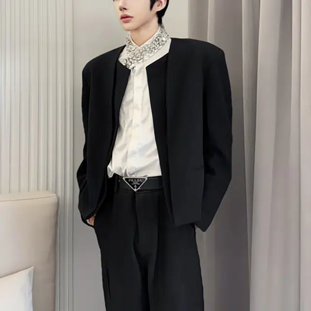 冈哉 美式高街潮男潮短款无领百搭假两件装饰领垫肩手工重工宽松休闲西服春秋季纽扣舒适通勤西装  男女同款