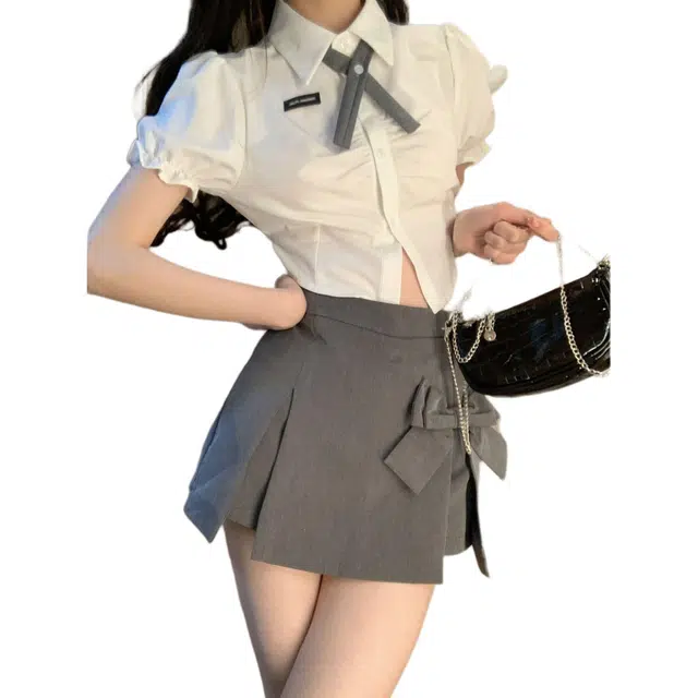 轻迎 蝴蝶结半身裙小个子设计感高腰休闲短裙 女款