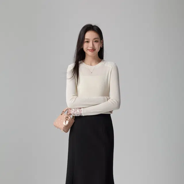 梨九九 蕾丝拼接衫女秋装女装打底衫潮针织衫 女款