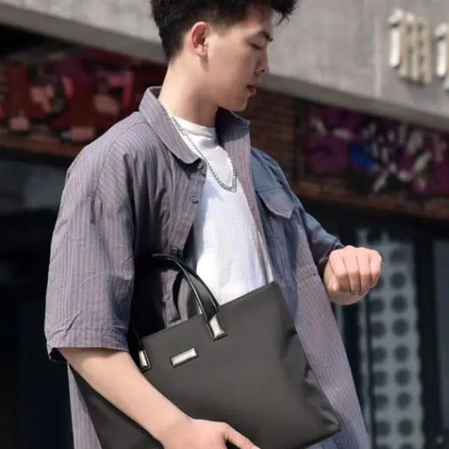 艾妮兔 商务通勤简约 尼龙 手提包 大号 男女同款情侣款 蓝色/黑色