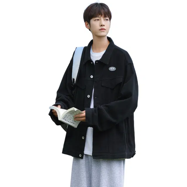 快鱼 美式复古秋款宽松型潮牛仔外套 男女同款