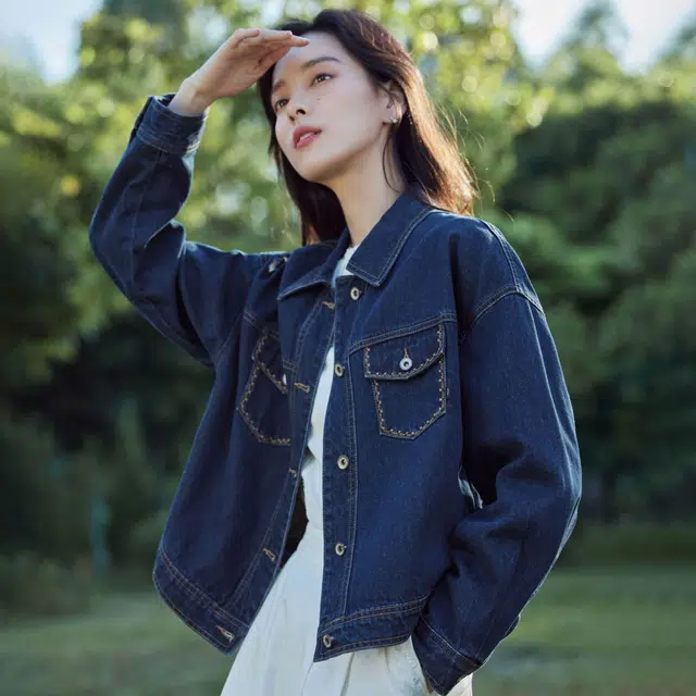 茵曼 【含礼盒装】复古百搭复古百搭牛仔纯色翻领短款外套 女款 小个子
