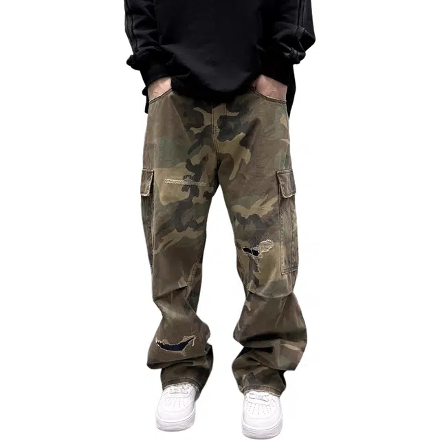 虫小绿 美式复古工装风迷彩直筒时尚潮流设计感宽松舒适百搭休闲裤 男女同款