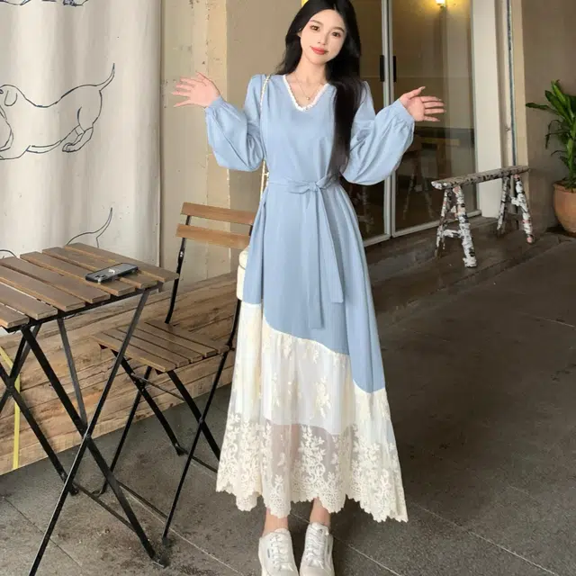 古莲菲 冷淡系法式高级感气质长袖连衣裙 女款 浅蓝色