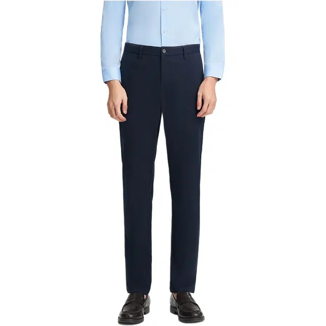 才子 纯色透气中腰拉链直筒休闲裤 男款 深蓝色