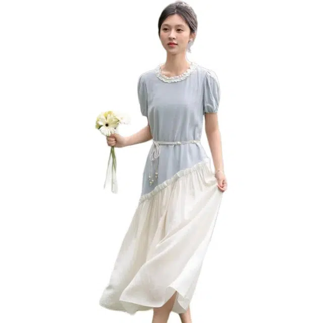 鹿向南 时尚舒适百搭短袖连衣裙 女款 薄荷蓝