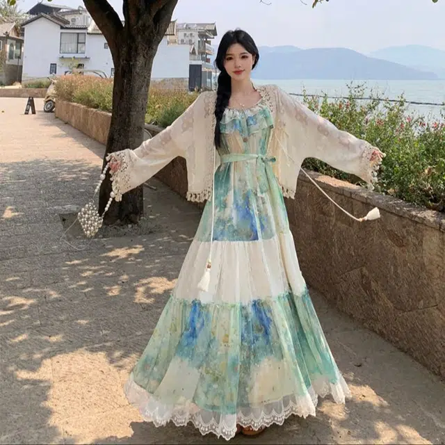 古莲菲 海边度假风女神范油画人生裙系带蝴蝶结贝壳设计感吊带长裙外搭两件套裙装套装 女款