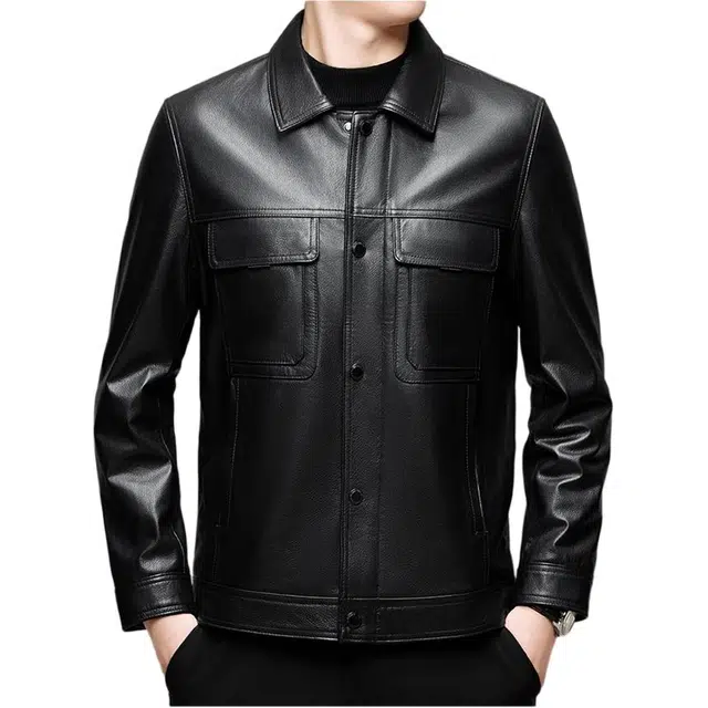 太子龍 头层牛皮秋冬翻领商务休闲中年爸爸装单皮夹克外套皮衣 男款