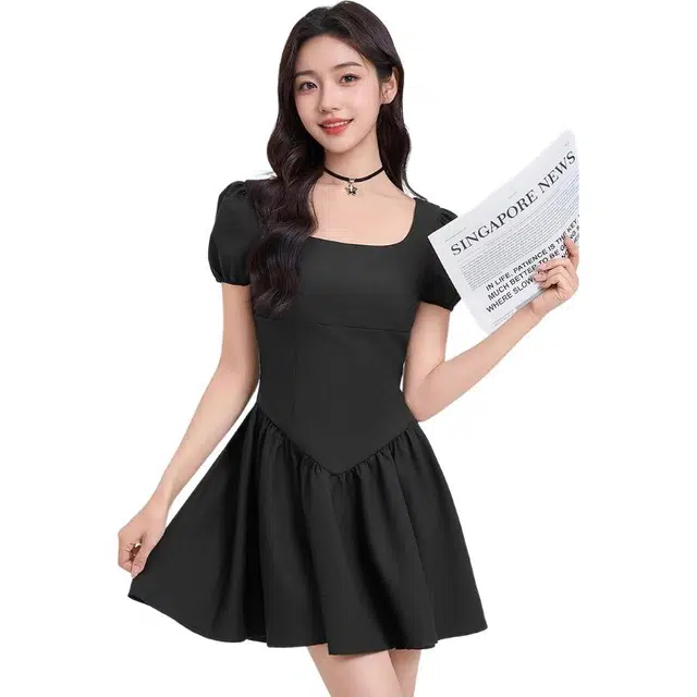 三福 方领泡泡袖收腰辣妹短裙短袖连衣裙 女款 黑色