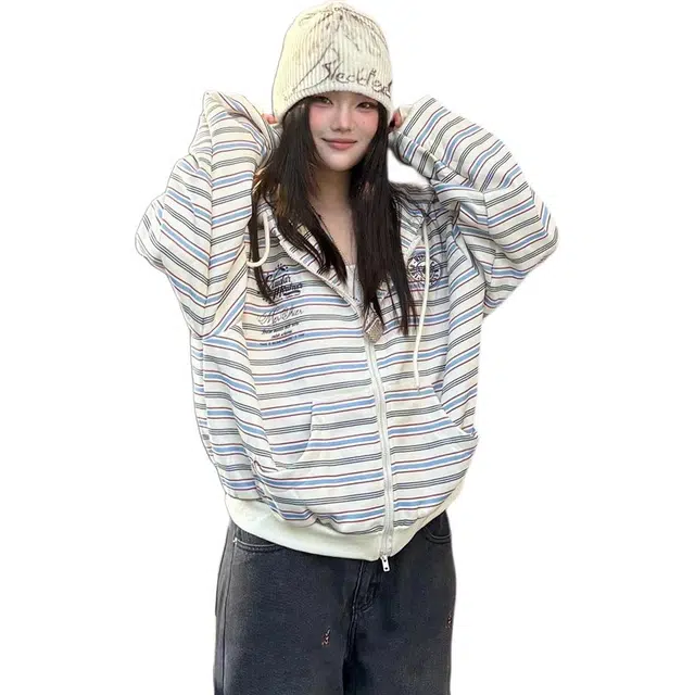 思蓓儿 撞色条纹连帽开衫女秋冬拉链外套慵懒风宽松休闲上衣卫衣 女款