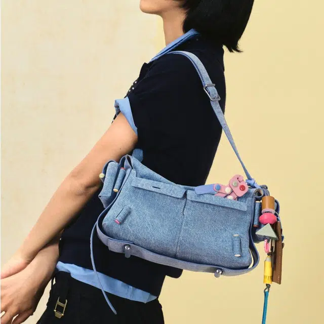 古良吉吉 积木系列设计感百搭 织物 斜挎单肩包 中号 女款 牛仔蓝