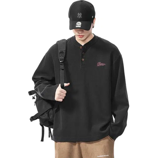 童先森 高端美式复古华夫格秋季潮牌亨利领肌理感长袖卫衣 男款