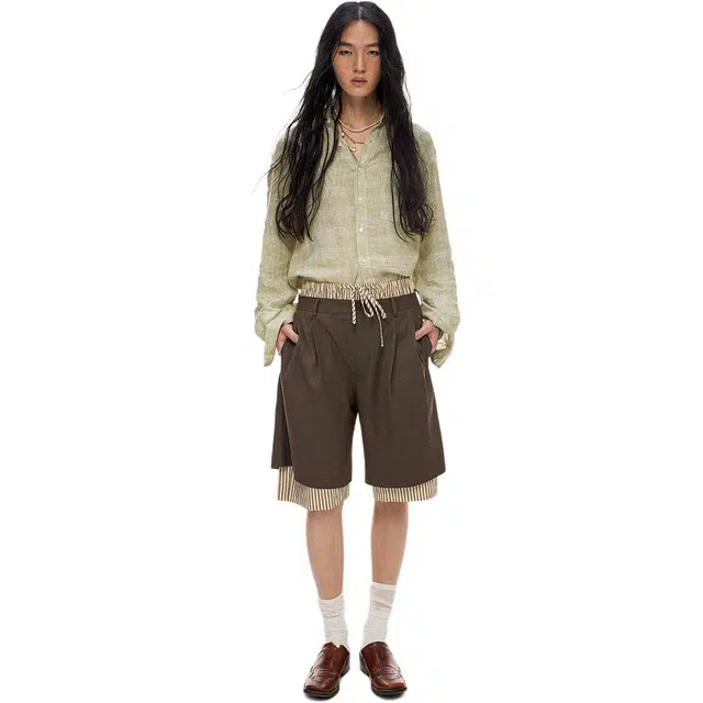 物理少年 亚麻格纹袖复古舒适时尚百搭长袖衬衫 男女同款