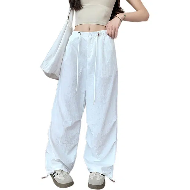 黛尔佳人 抽绳设计高腰显瘦阔腿工装裤 女款