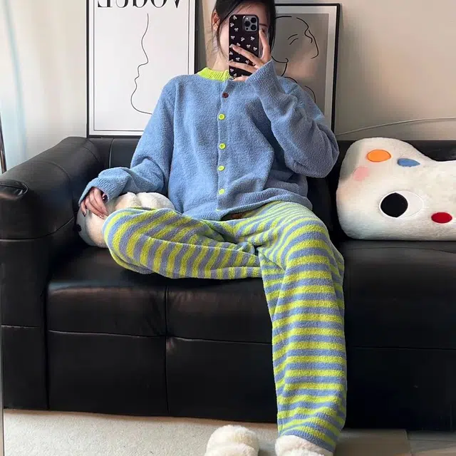 夏芬妍 舒适柔软时尚条纹珊瑚绒家居服加绒加厚蓄温保暖长袖长裤可外穿秋冬款 睡衣套装 女款 蓝绿色