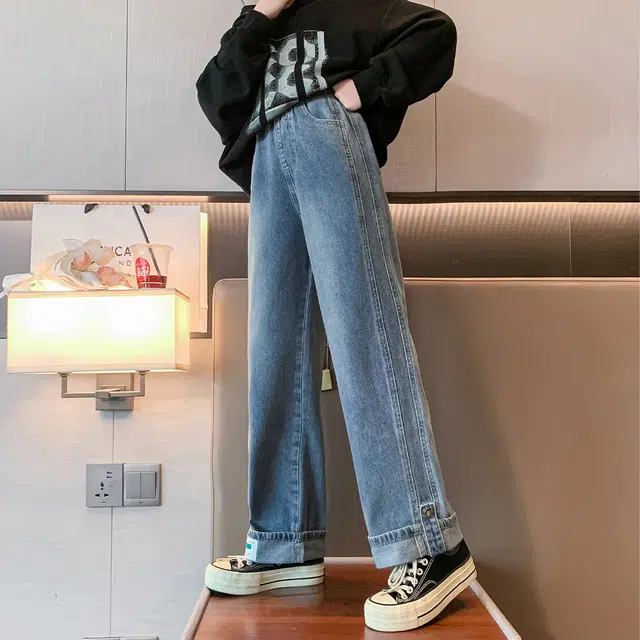 唐狮童装 直筒阔腿拖地牛仔裤 儿童款