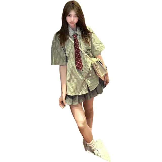 木清清 港风条纹短袖衬衫百褶裙日系学院风小个子裙装套装 女款