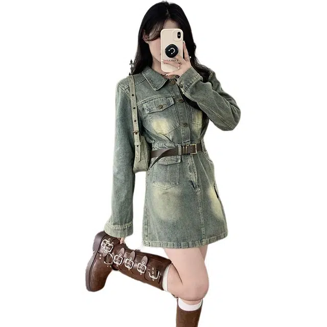 桴生 大码复古潮流洗水做旧纯色收腰显瘦透气百搭牛仔服饰长袖连衣裙 女款