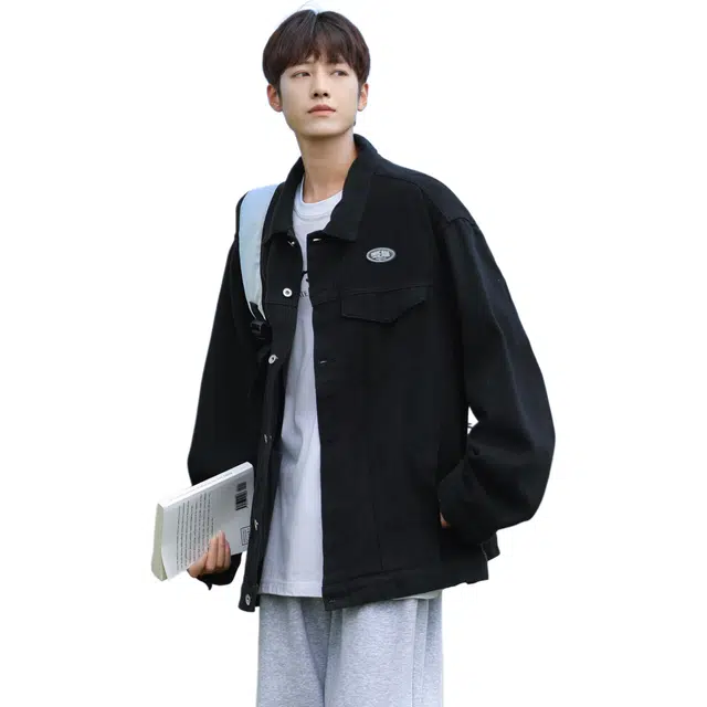 快鱼 美式复古秋款宽松型潮牛仔外套 男女同款