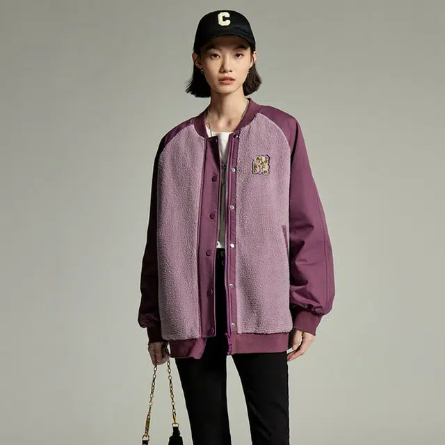 初语 加厚拼接毛绒立领棉服 女款 深紫色