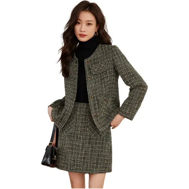 沫晗依美 单排扣格子圆领简约上衣中腰合身短裙裙装套装 女款 灰绿色