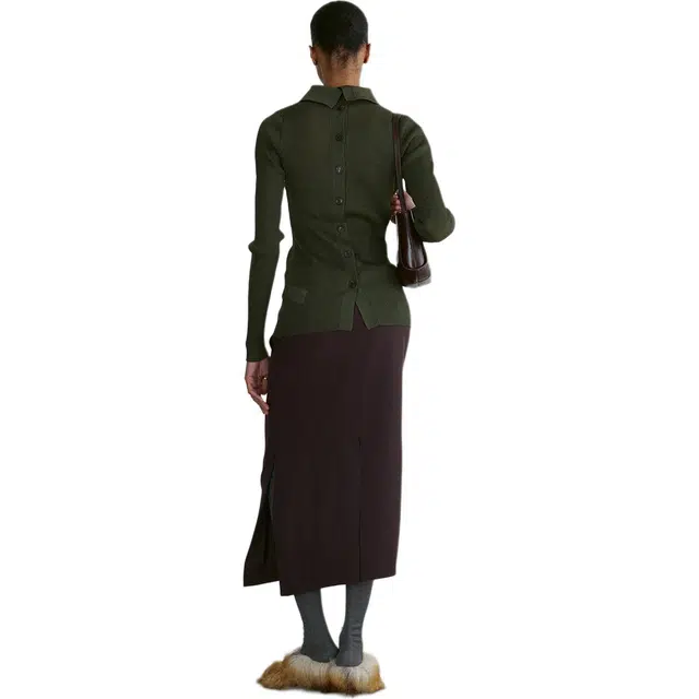 RECTO FW24 BOTH SIDES OPENING FITTED SHEER KNIT TOP KHAKI