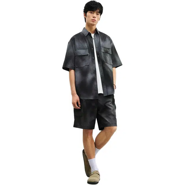 太平鸟 夏季工装胸袋短袖翻领宽松型衬衫 男款