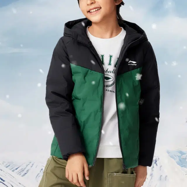 李宁儿童 时尚宽松舒适洋气潮流拼接百搭羽绒服 云杉绿 青少年
