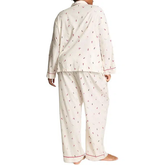 Victoria's Secret Flannel Long Pajama Set COCONUT WHITE SKIERS