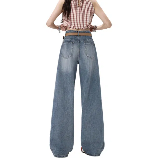玫丝朵 美式复古高腰宽松直筒裤竹节纹面料简约百搭显瘦舒适休闲牛仔裤 女款
