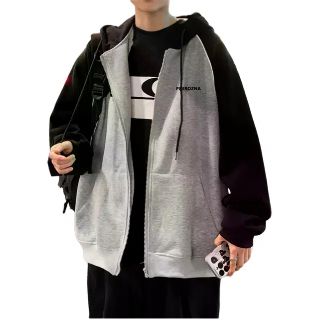 地界二 日系复古插肩袖开衫男生春秋季潮流简约宽松休闲运动连帽外套夹克 男款