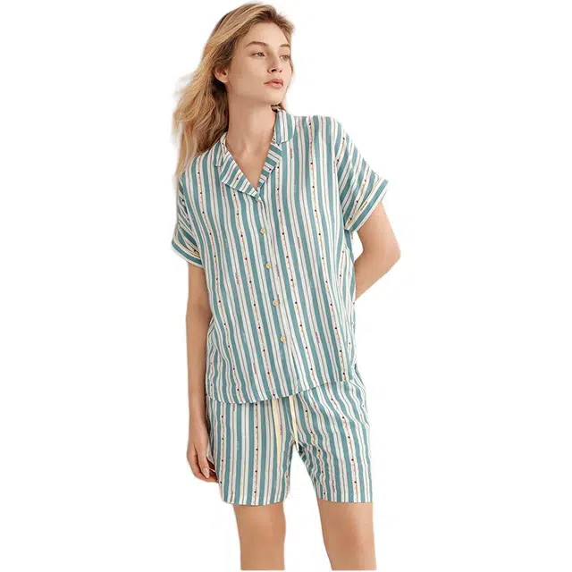 舒雅 简约舒适亲肤家居服睡衣套装 女款 蓝绿