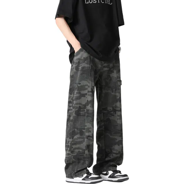 颂希尔 美式高街复古潮流迷彩秋季重磅潮牌宽松直筒做旧水洗伐木裤百搭休闲工装裤子牛仔裤 男女同款