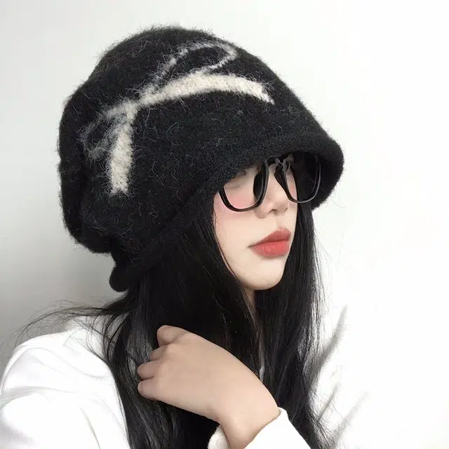 【版型好~秋冬必备】 攸委 蝴蝶结黑色堆堆帽女冬季保暖加厚时尚百搭 涤纶 复古大头围显脸小针织冷帽护耳帽包头帽子 男女同款情侣款